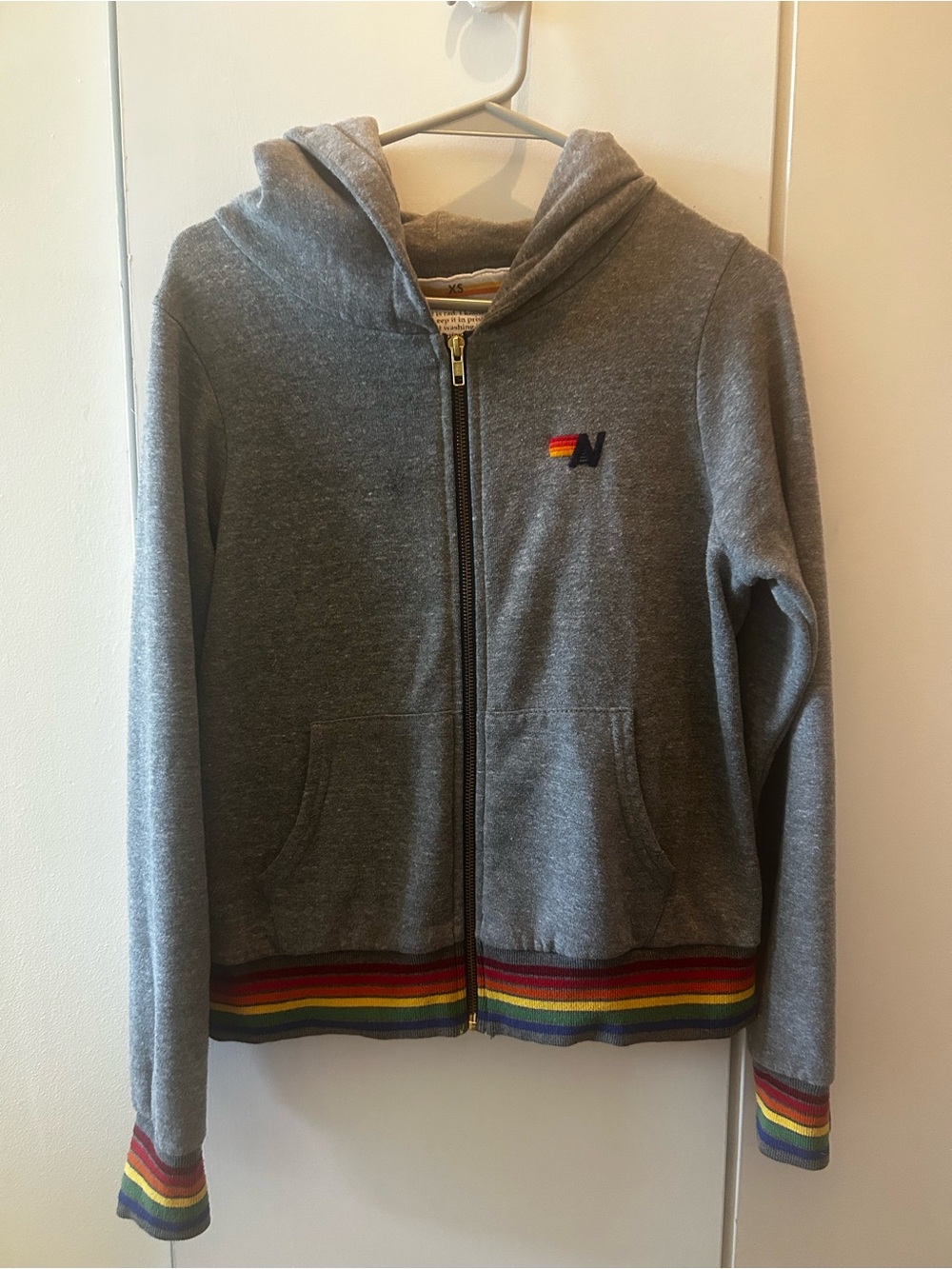 Aviator Nation Grey Zip Hoodie with Rainbow Trim, no stains